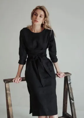 Audrey Black Belted Linen Dress - Long Sleeve / Midi