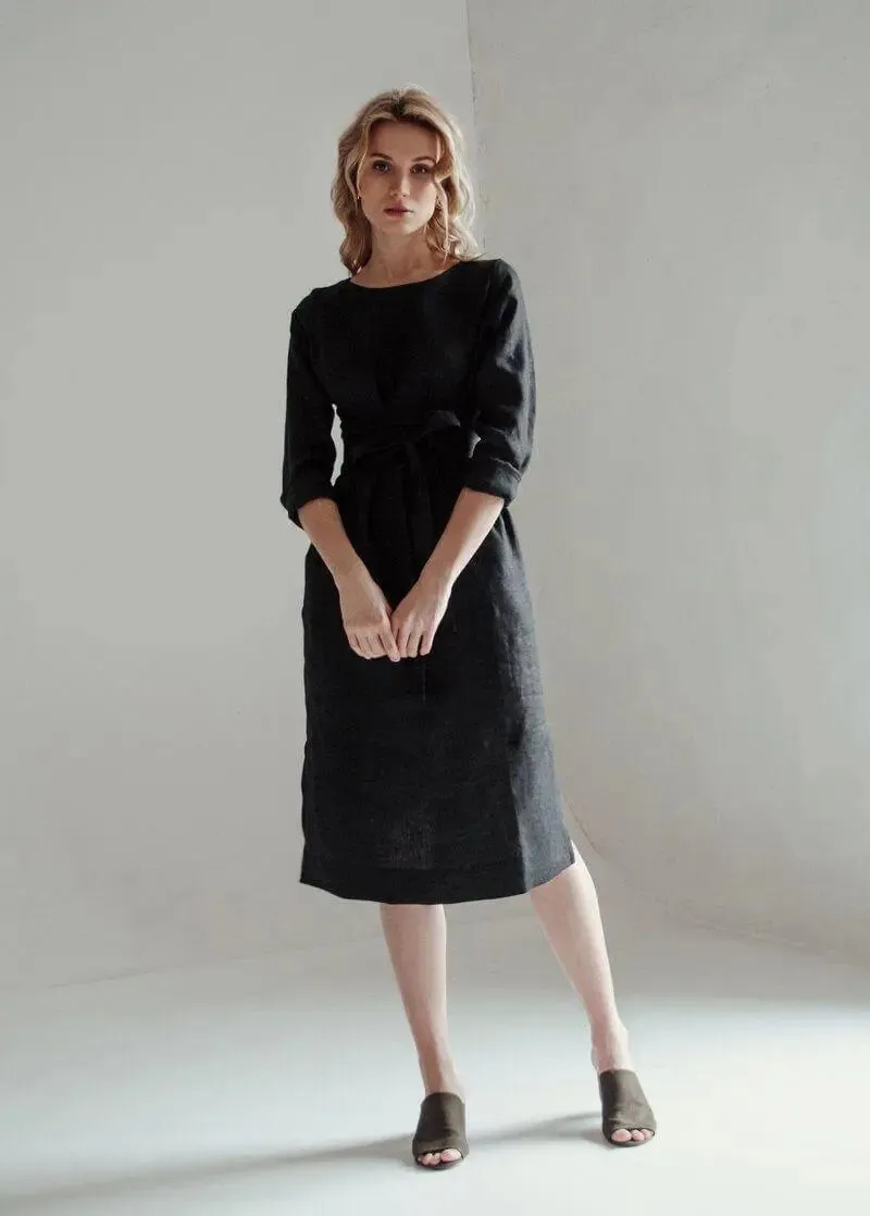 Audrey Black Belted Linen Dress - Long Sleeve / Midi