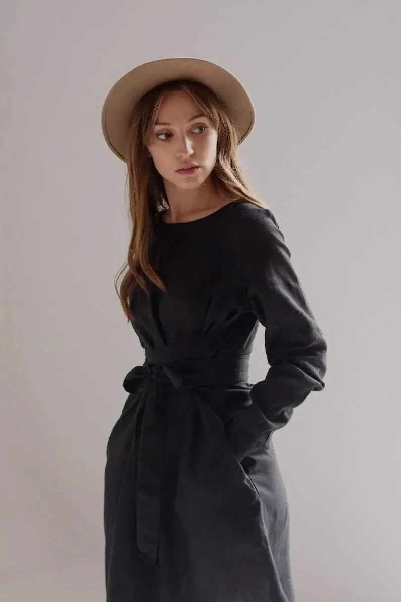 Audrey Black Belted Linen Dress - Long Sleeve / Midi