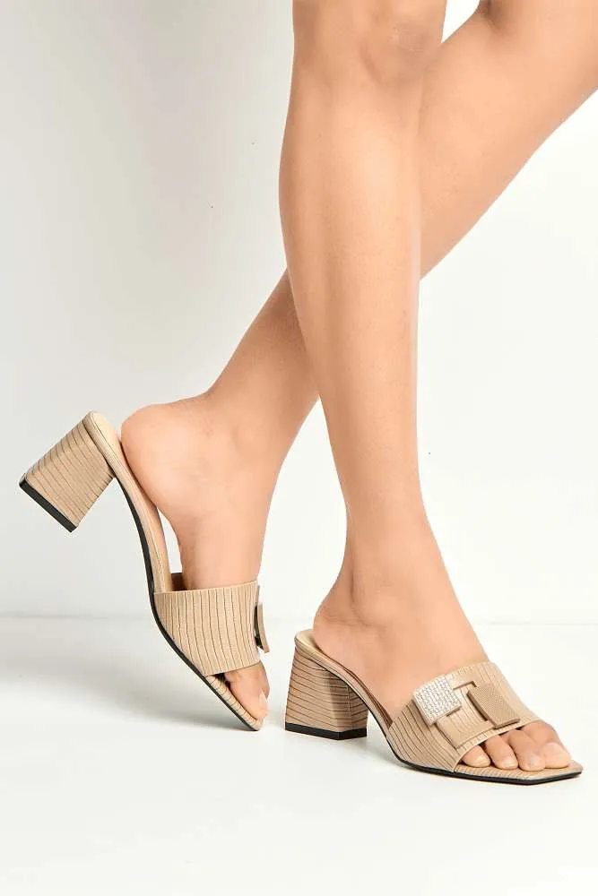 Audrey Brooch Detail Block Heel Mules in Khaki