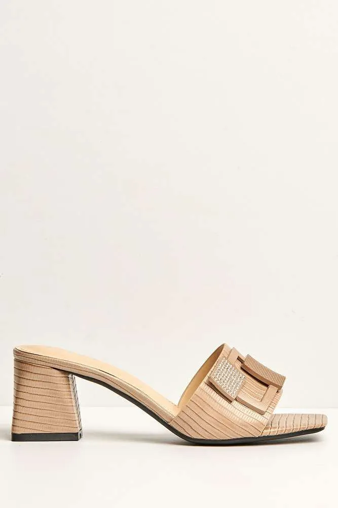 Audrey Brooch Detail Block Heel Mules in Khaki