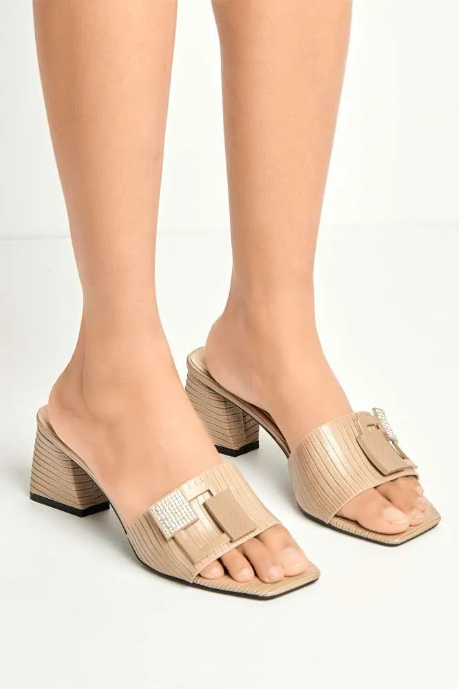 Audrey Brooch Detail Block Heel Mules in Khaki