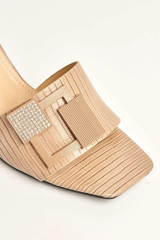 Audrey Brooch Detail Block Heel Mules in Khaki