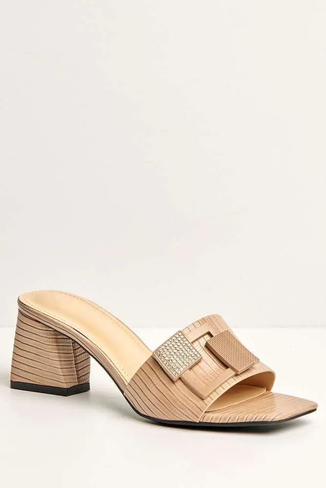 Audrey Brooch Detail Block Heel Mules in Khaki