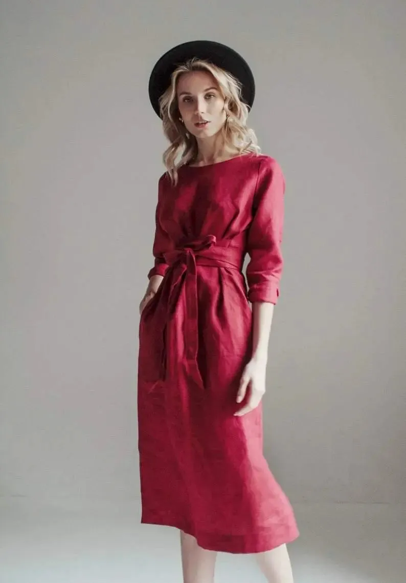 Audrey Burgundy Belted Linen Dress - Long sleeve / Midi