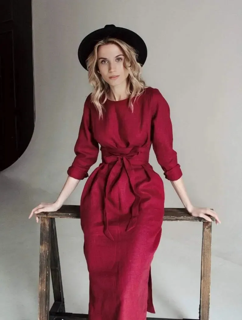 Audrey Burgundy Belted Linen Dress - Long sleeve / Midi