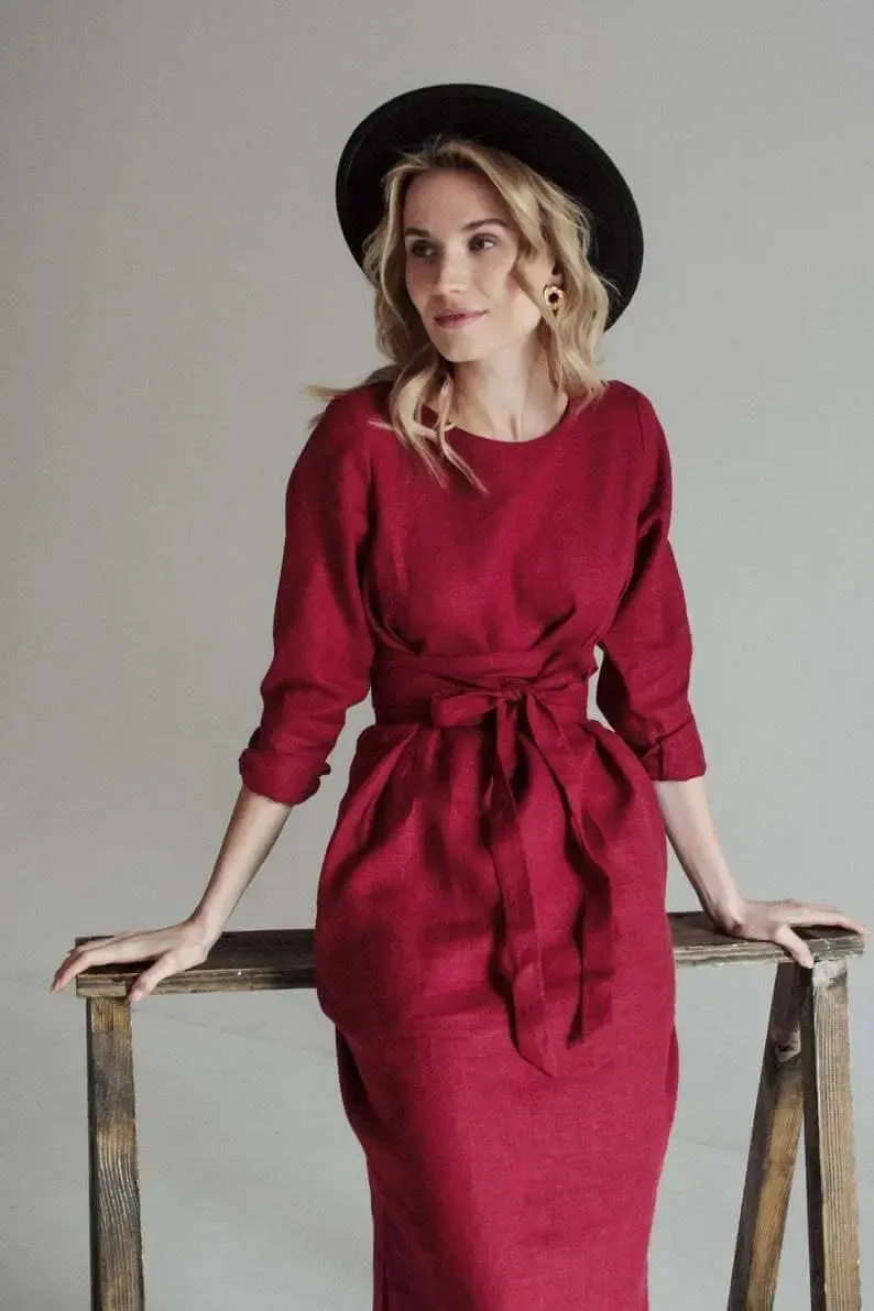 Audrey Burgundy Belted Linen Dress - Long sleeve / Midi