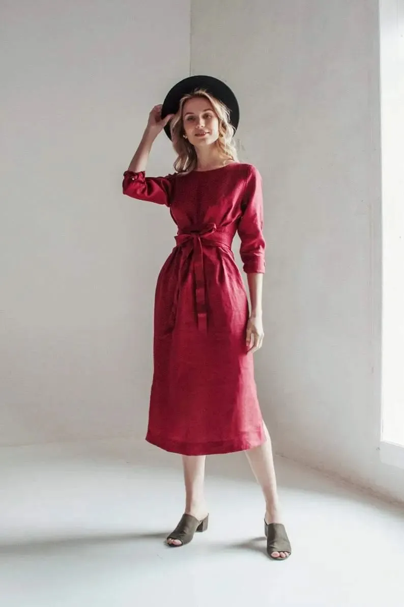 Audrey Burgundy Belted Linen Dress - Long sleeve / Midi