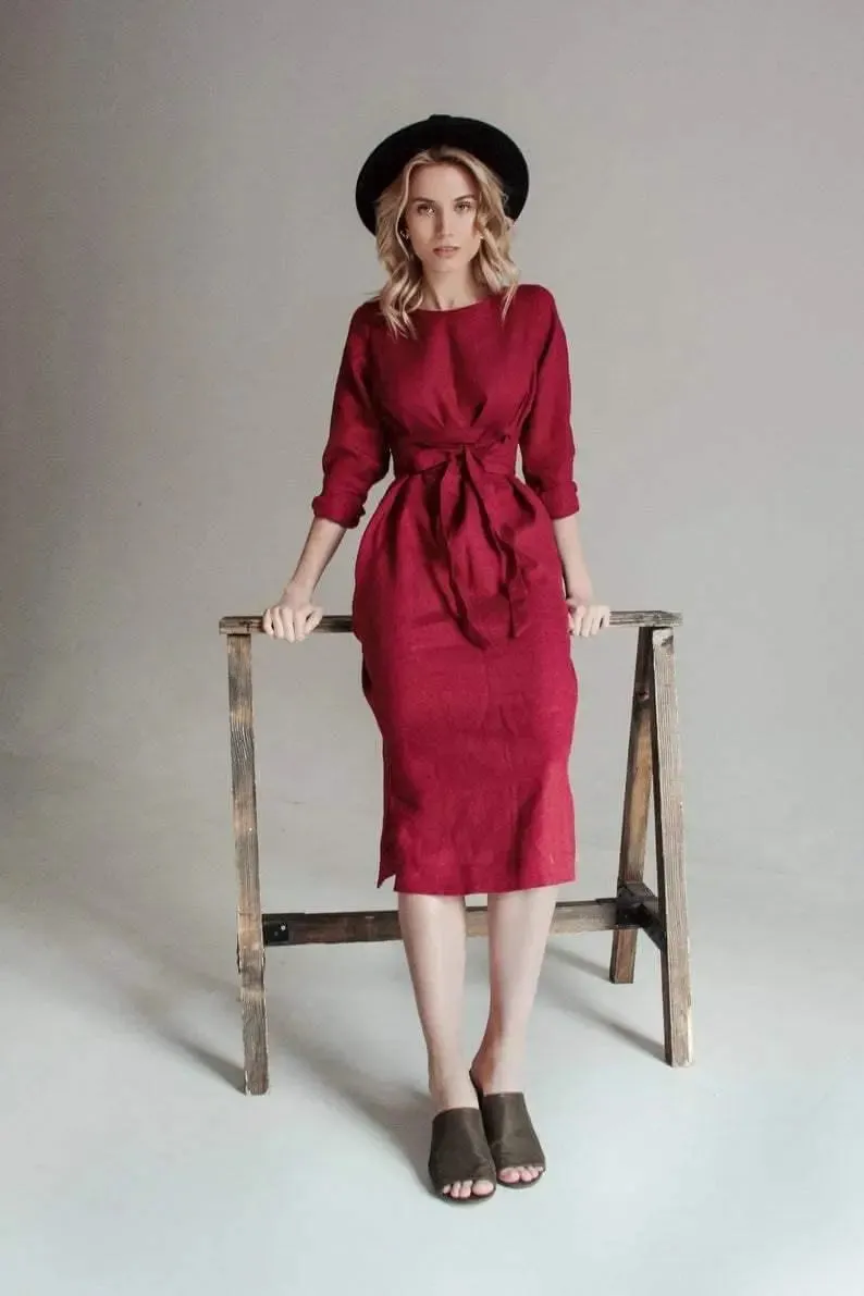 Audrey Burgundy Belted Linen Dress - Long sleeve / Midi