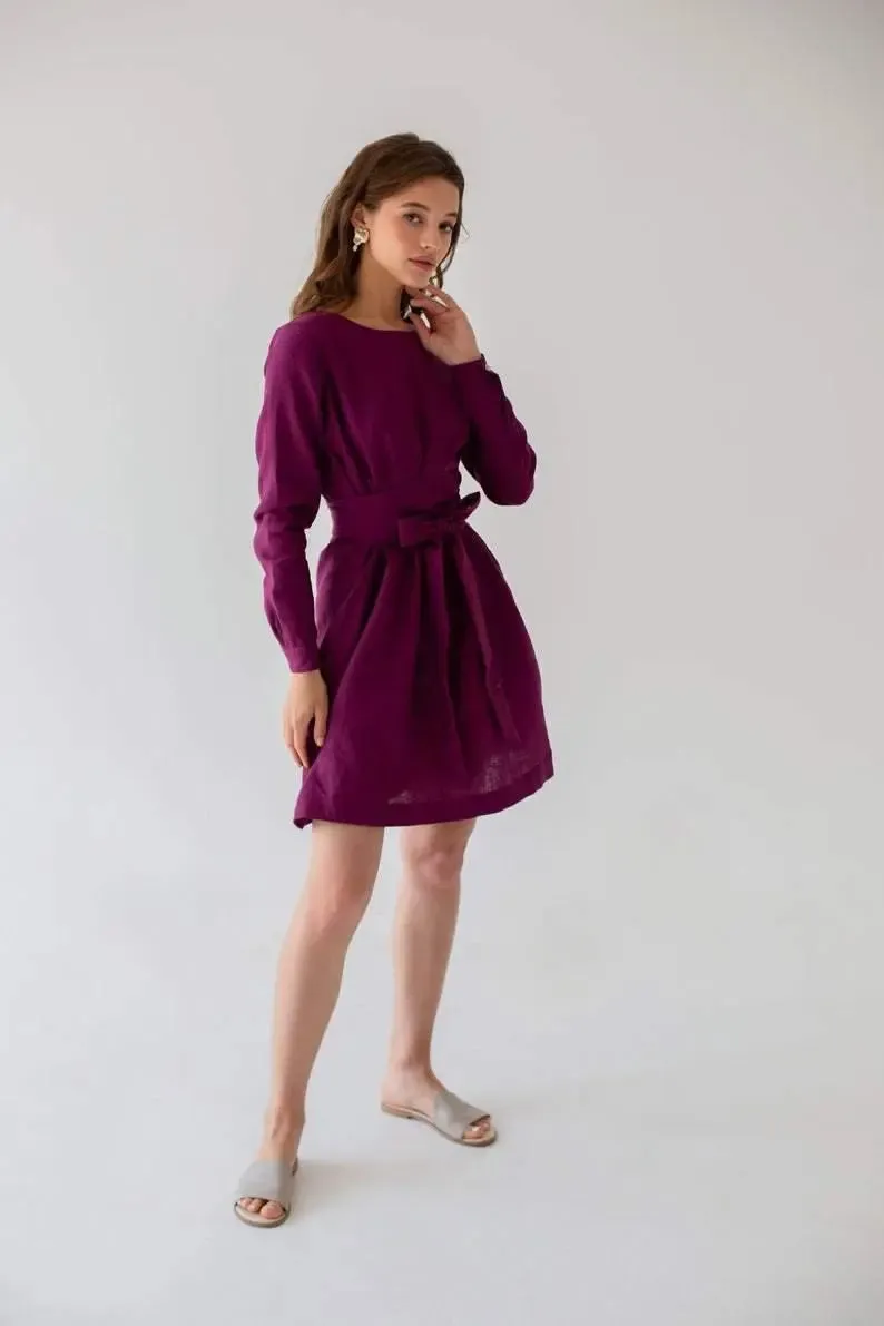 Audrey Eggplant Belted Linen Dress - Long Sleeve