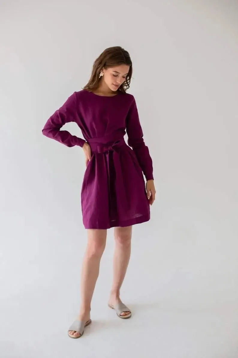 Audrey Eggplant Belted Linen Dress - Long Sleeve