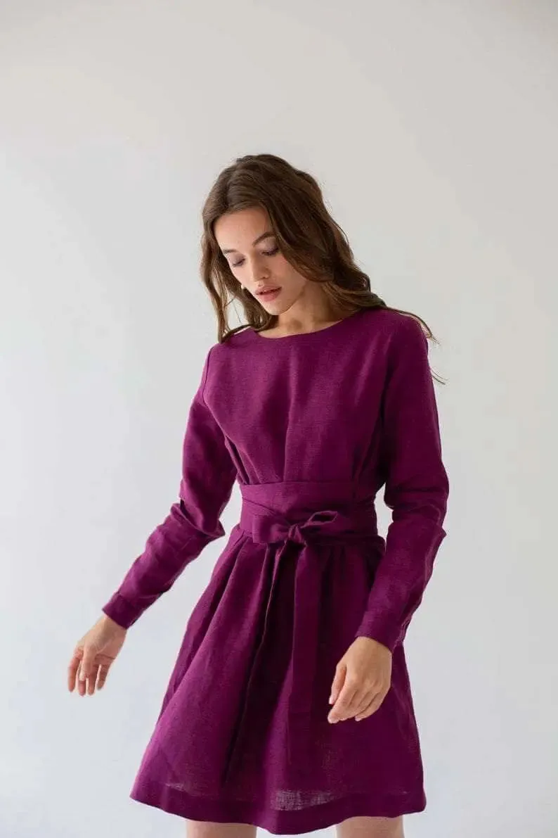 Audrey Eggplant Belted Linen Dress - Long Sleeve