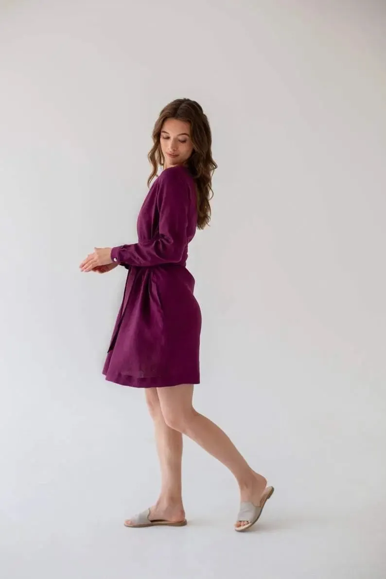 Audrey Eggplant Belted Linen Dress - Long Sleeve