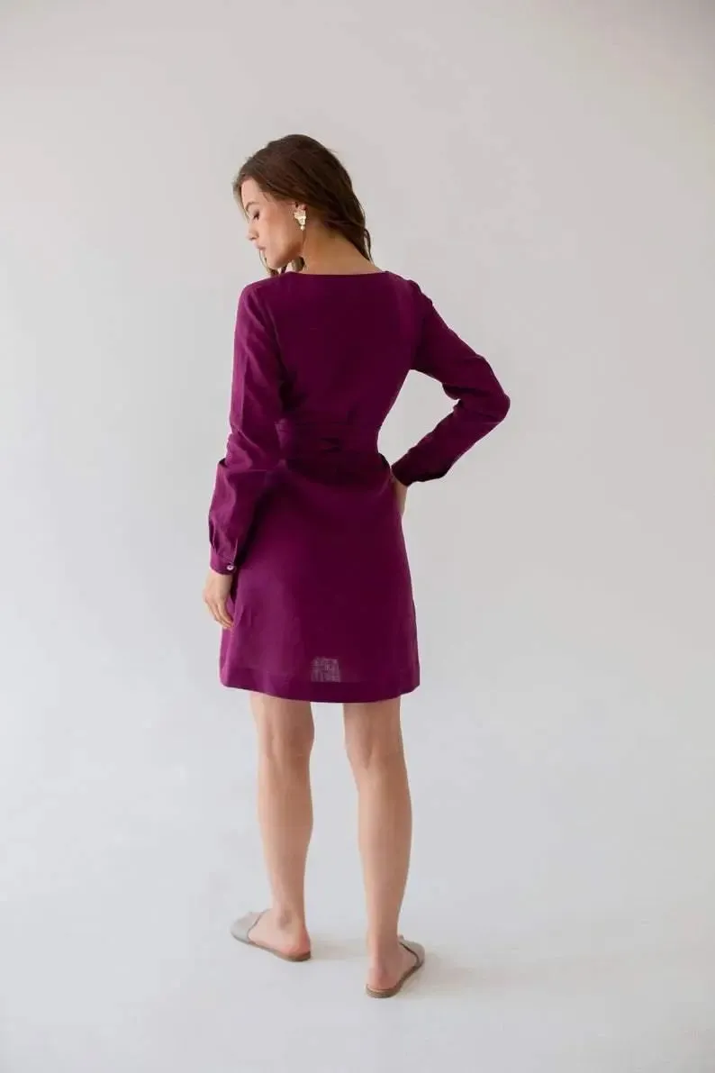 Audrey Eggplant Belted Linen Dress - Long Sleeve