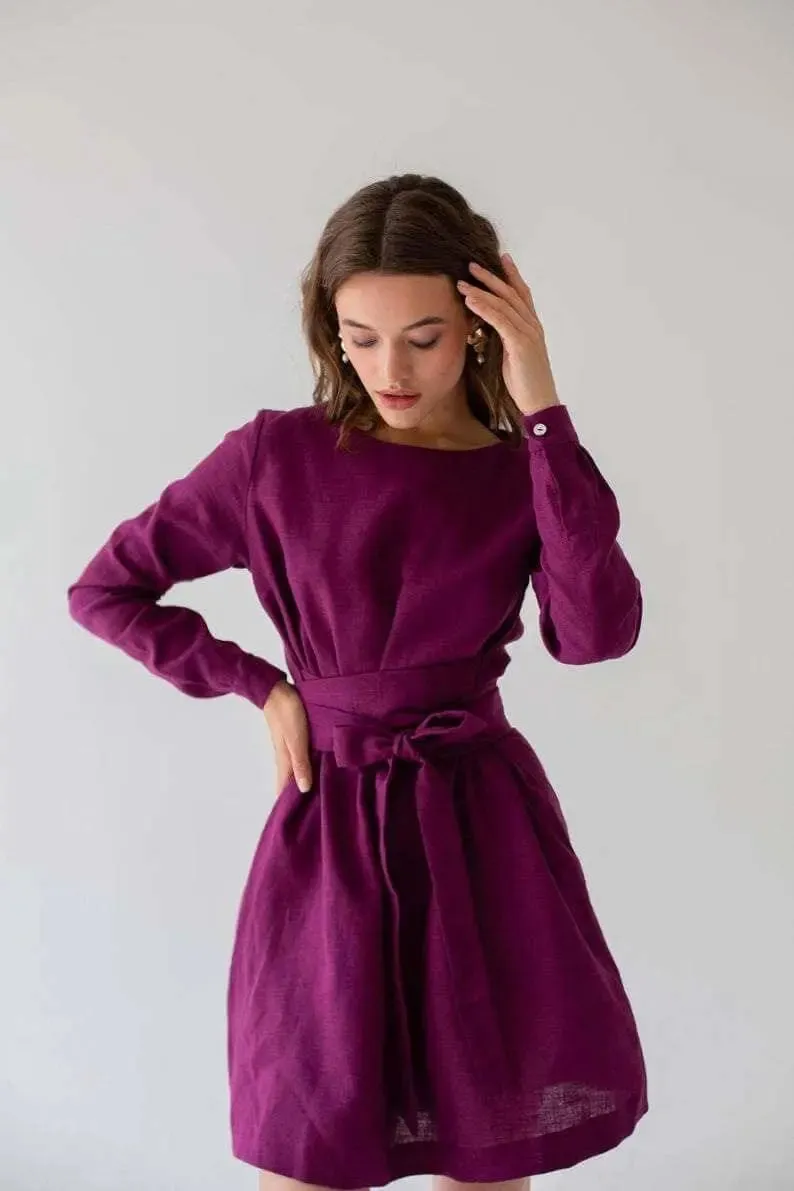 Audrey Eggplant Belted Linen Dress - Long Sleeve