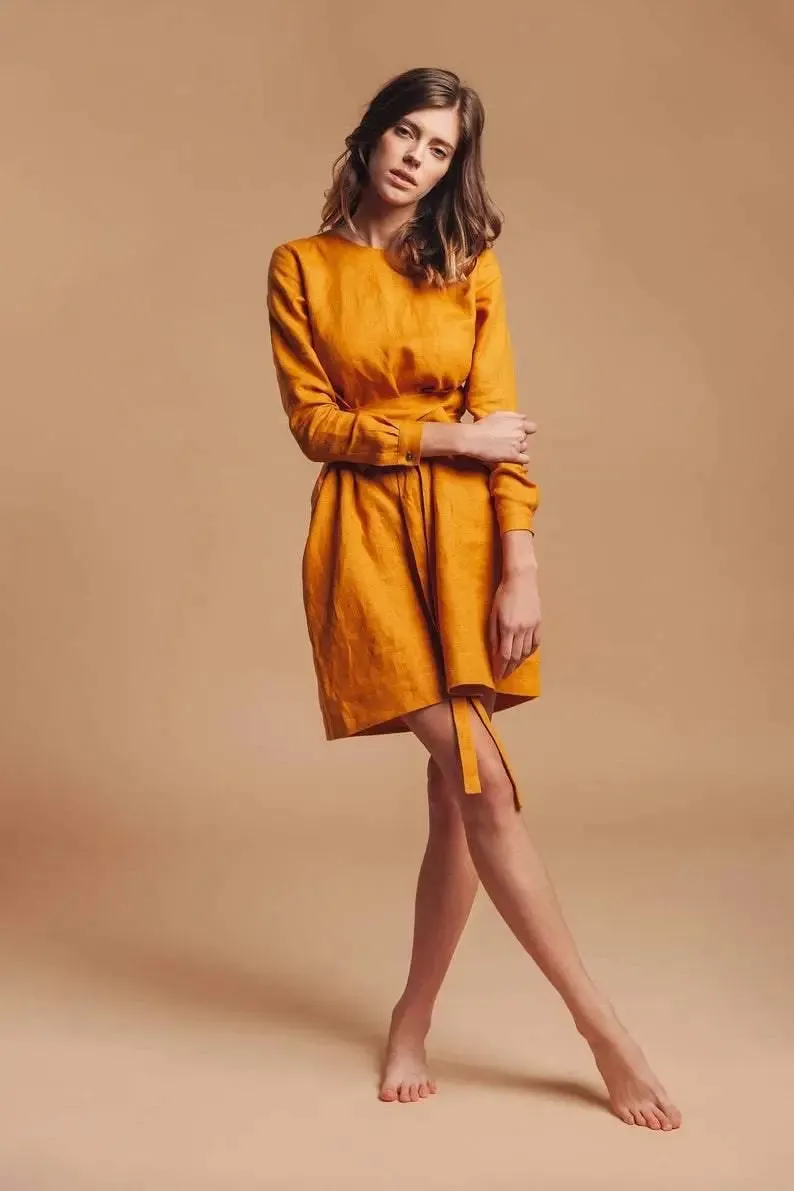 Audrey Mustard Belted Linen Dress - Long Sleeve / Mini