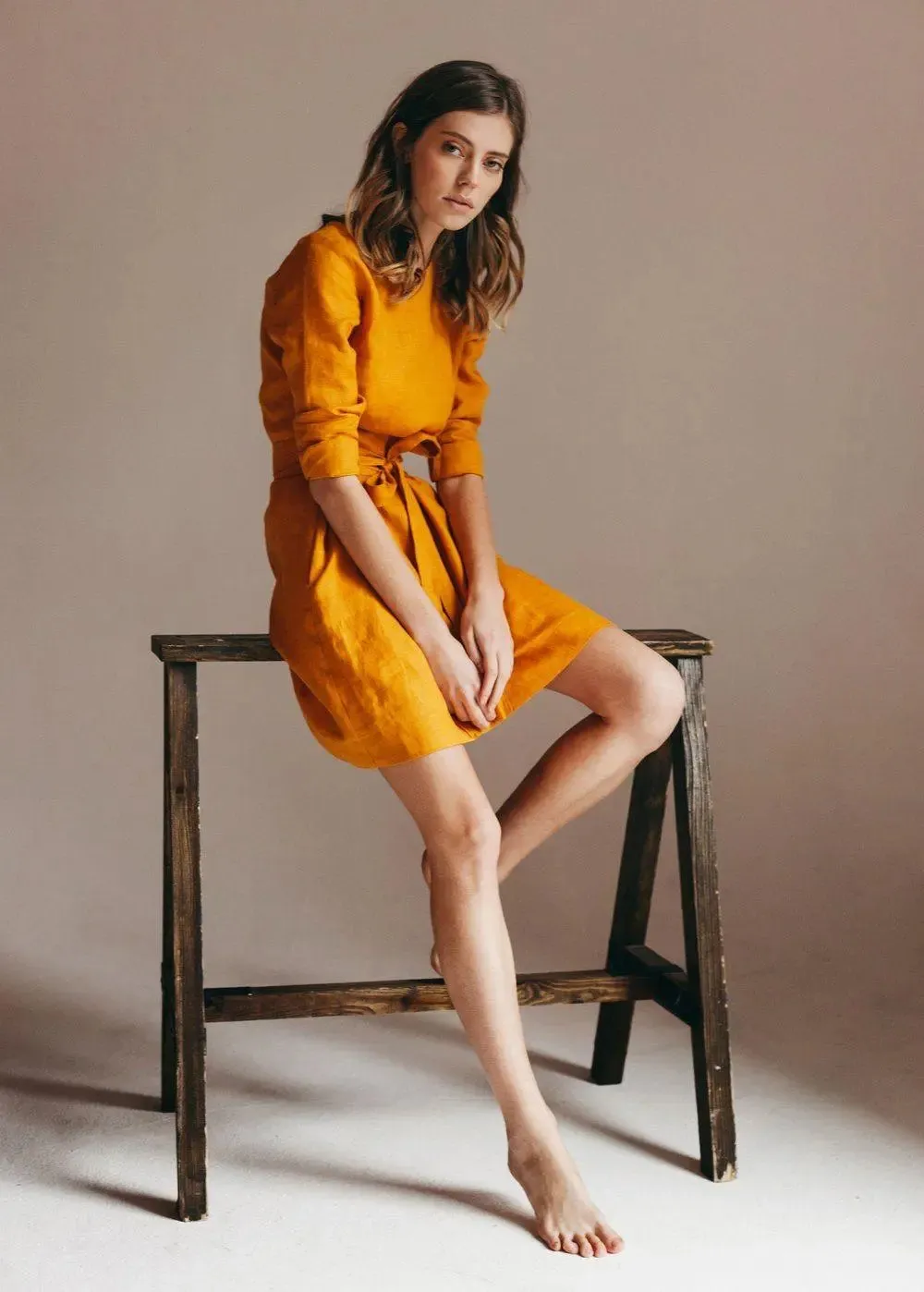 Audrey Mustard Belted Linen Dress - Long Sleeve / Mini