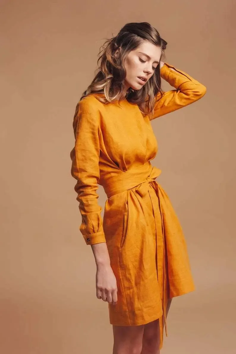 Audrey Mustard Belted Linen Dress - Long Sleeve / Mini