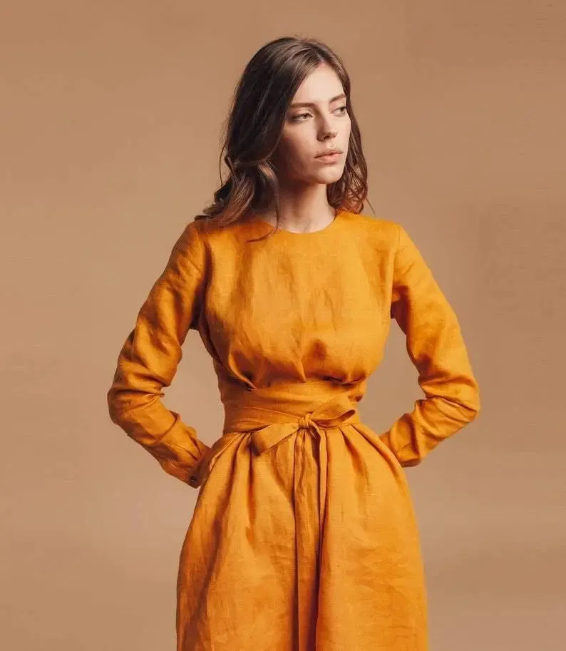 Audrey Mustard Belted Linen Dress - Long Sleeve / Mini