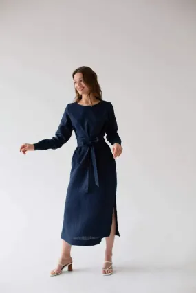 Audrey Navy Belted Linen Dress - Long Sleeve / Midi