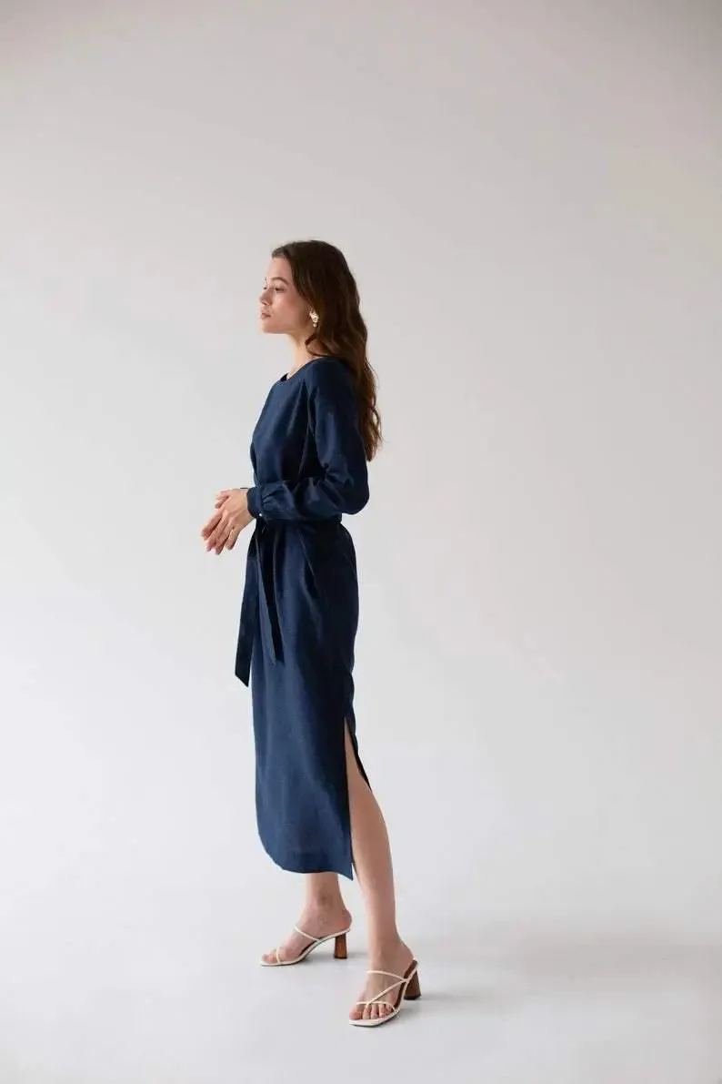 Audrey Navy Belted Linen Dress - Long Sleeve / Midi