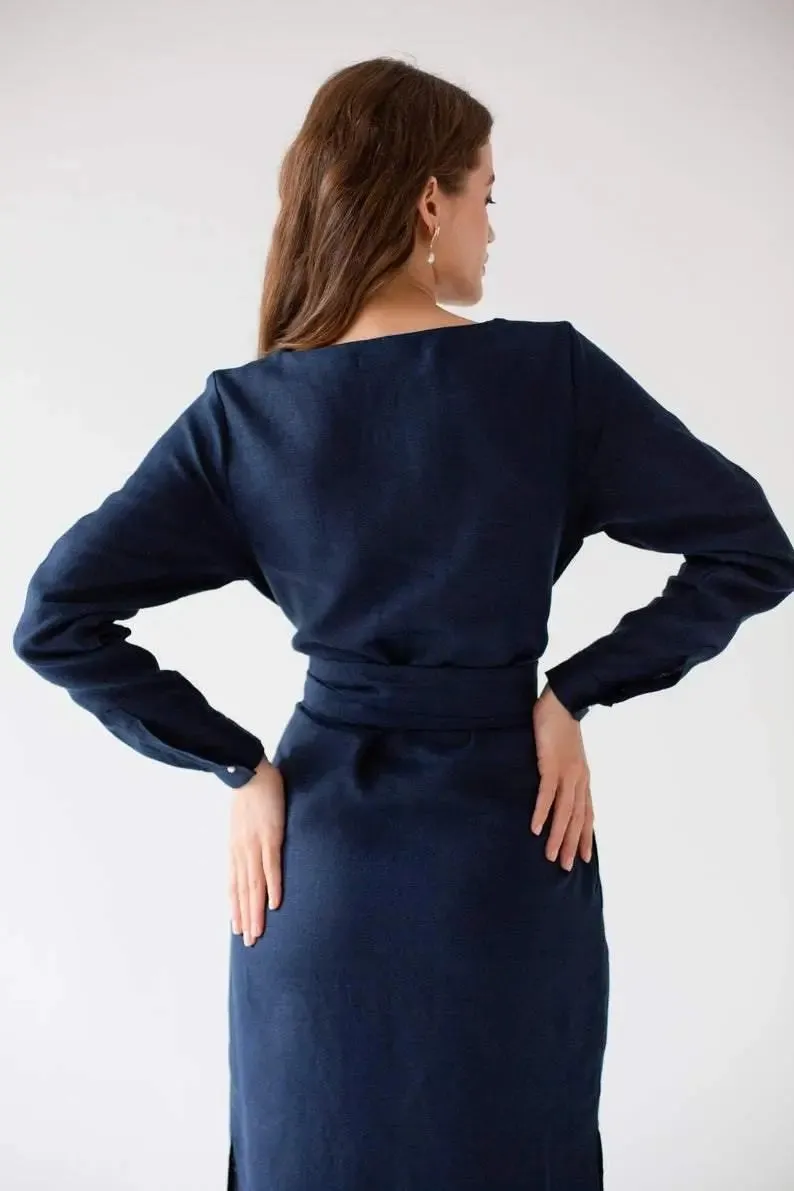 Audrey Navy Belted Linen Dress - Long Sleeve / Midi