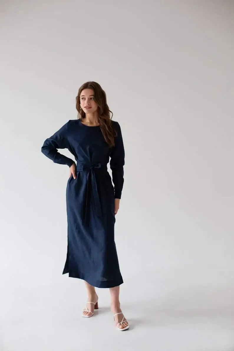 Audrey Navy Belted Linen Dress - Long Sleeve / Midi