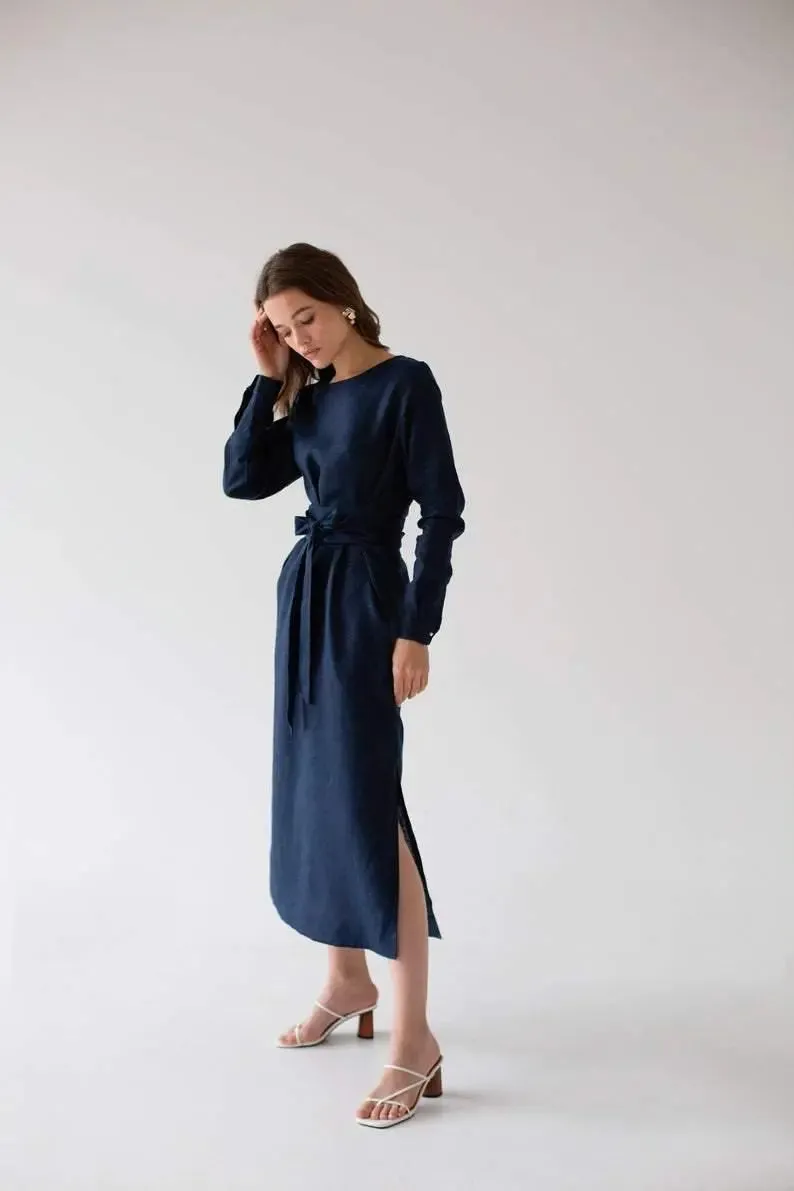 Audrey Navy Belted Linen Dress - Long Sleeve / Midi