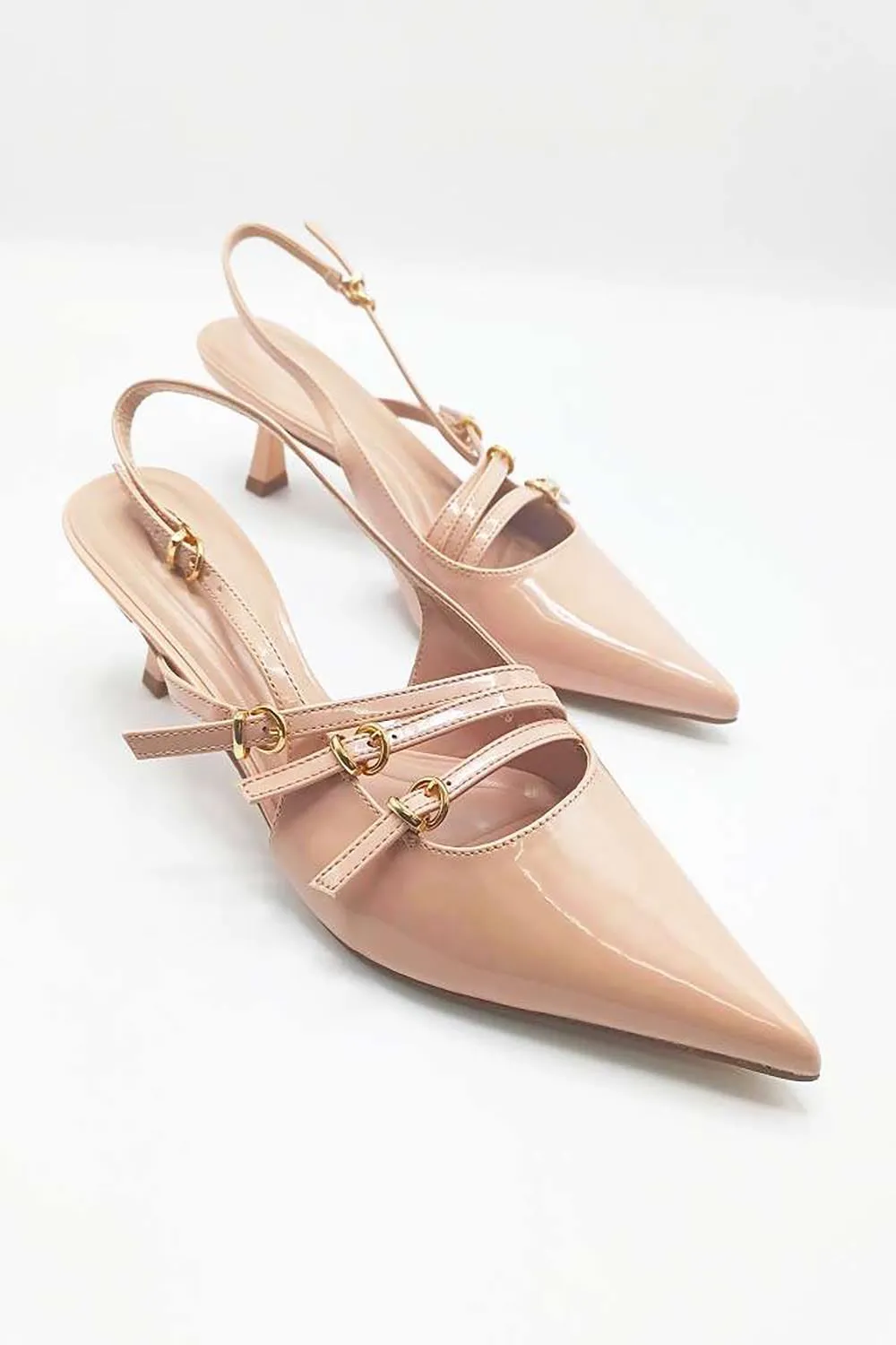 Azzura Pointed Toe 3 Strap Buckle Detail Slingback Court Shoes in Nude