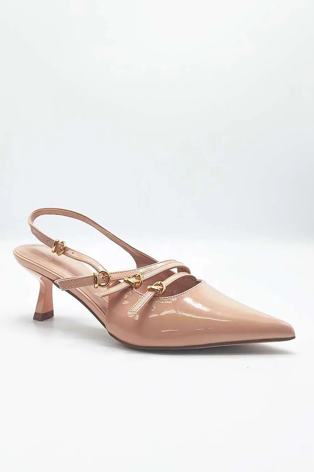 Azzura Pointed Toe 3 Strap Buckle Detail Slingback Court Shoes in Nude