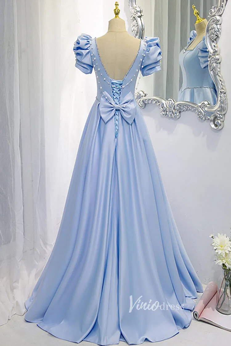 Baby Blue A-line Prom Dresses with Bow on Back FD2634