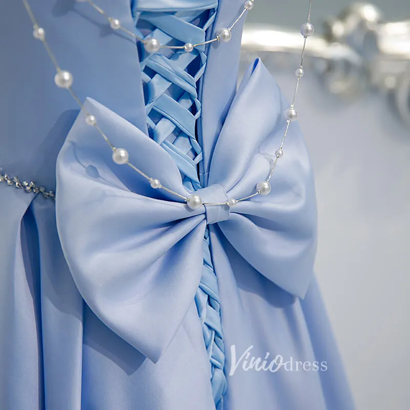 Baby Blue A-line Prom Dresses with Bow on Back FD2634