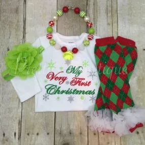 Baby girl 1st Christmas outfit - My Very First Christmas Set Shirt, Legwarmers, Headband, and Necklace