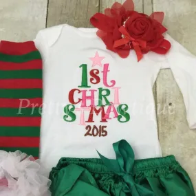 Baby girl My 1st Christmas - First Christmas bodysuit or shirt, leg-warmers, bloomers and headband--2016