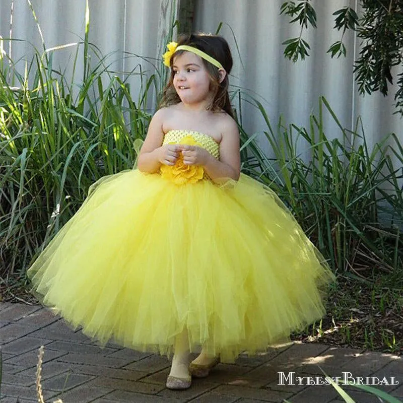 Ball Gown Strapless Yellow Tulle Long Cheap Flower Girl Dresses, FGS0012