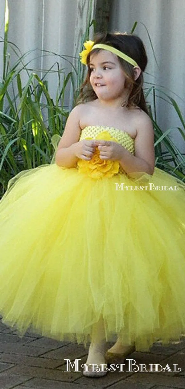 Ball Gown Strapless Yellow Tulle Long Cheap Flower Girl Dresses, FGS0012