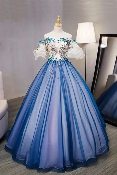 Ball Gown sweet 16 Party Long Prom Dress,Evening Dress,Charming Prom Dresses,Hand-Made Flower Prom Dress S4837