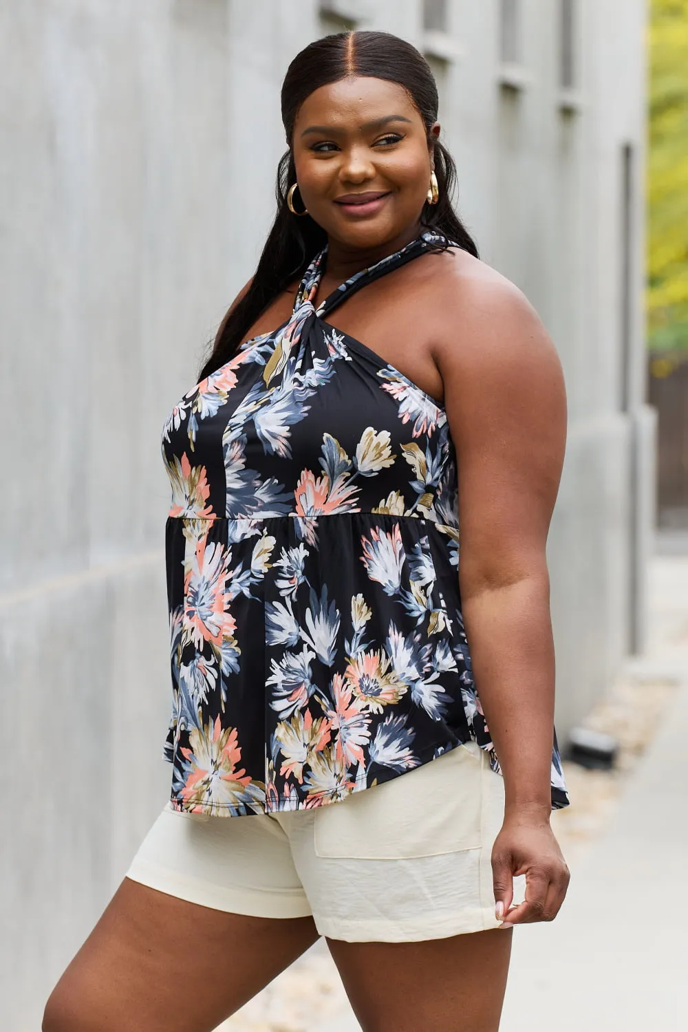 Be Stage Full Size Floral Halter Top in Black