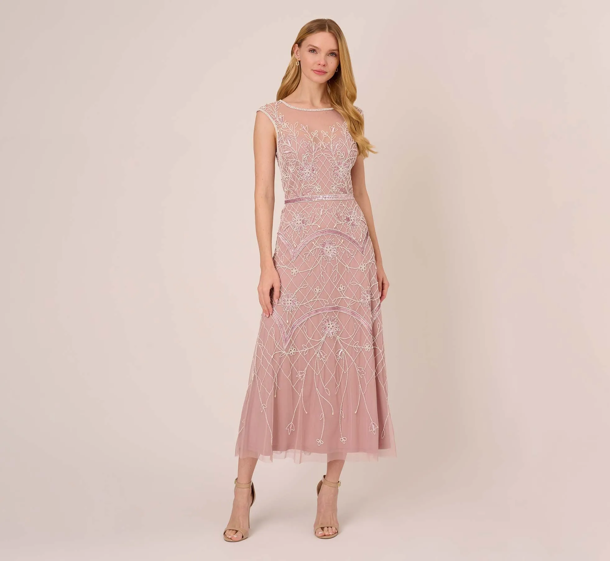 Beaded Ankle-Length Dress With Sheer Neckline In Dusted Petal Ivory