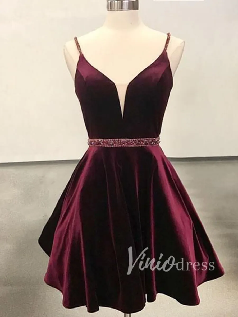 Beaded Burgundy Velvet Homecoming Dresses Spaghetti Strap SD1179