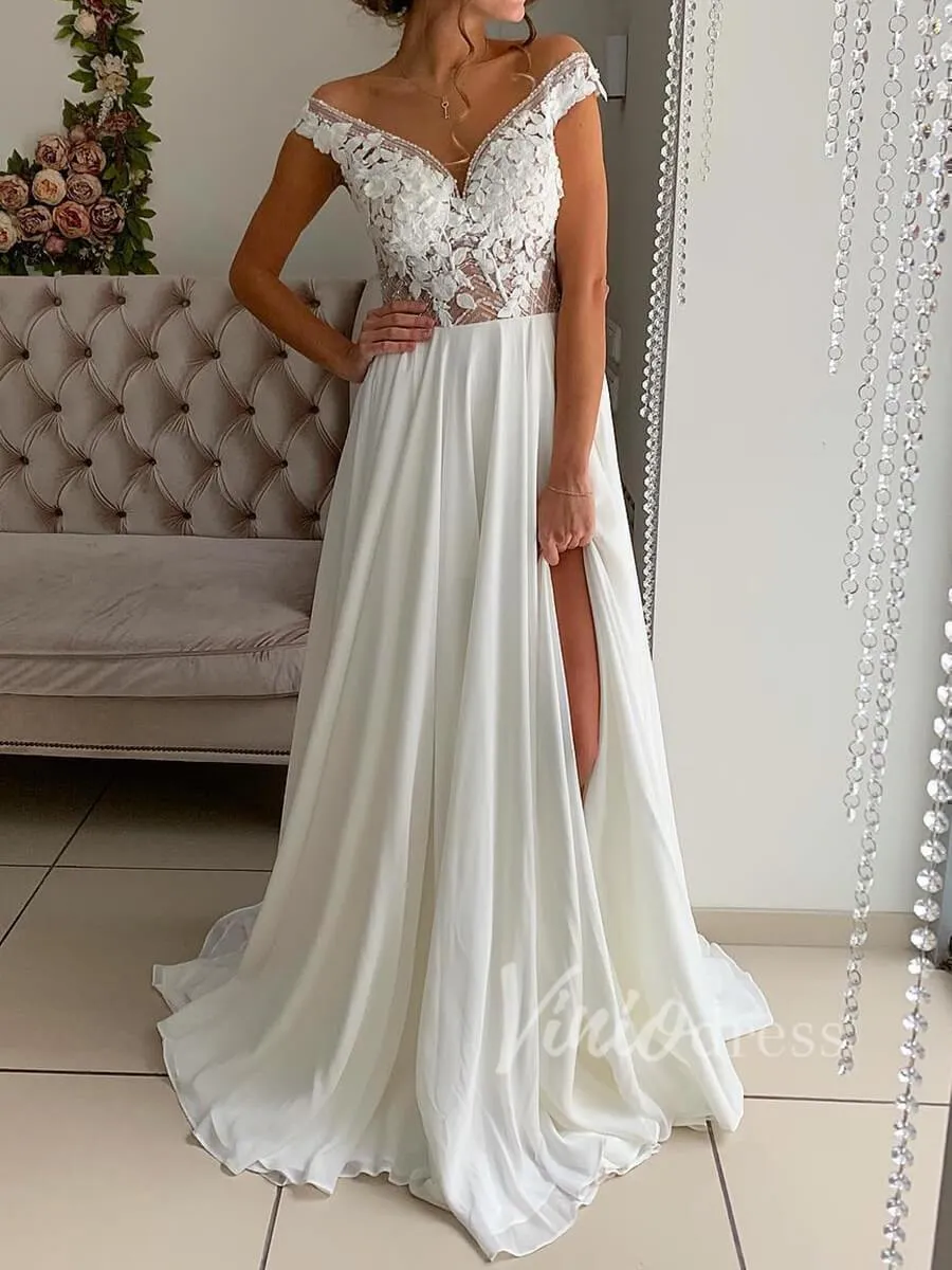 Beaded Chiffon Beach Wedding Dresses with Side Slit VW1260