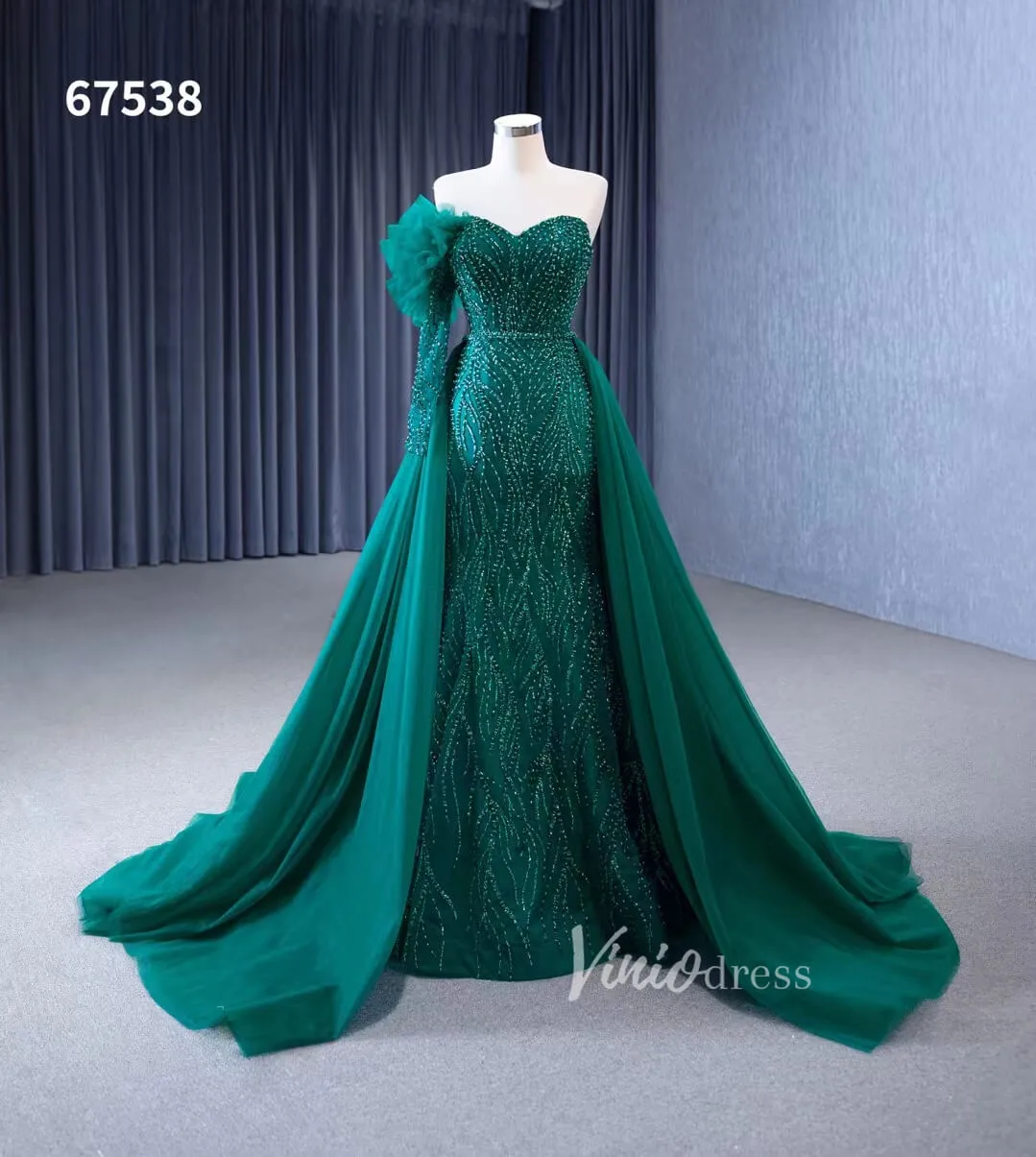 Beaded Green Mermaid Wedding Dresses Removable Overskirt One Shoulder Formal Dress 67538