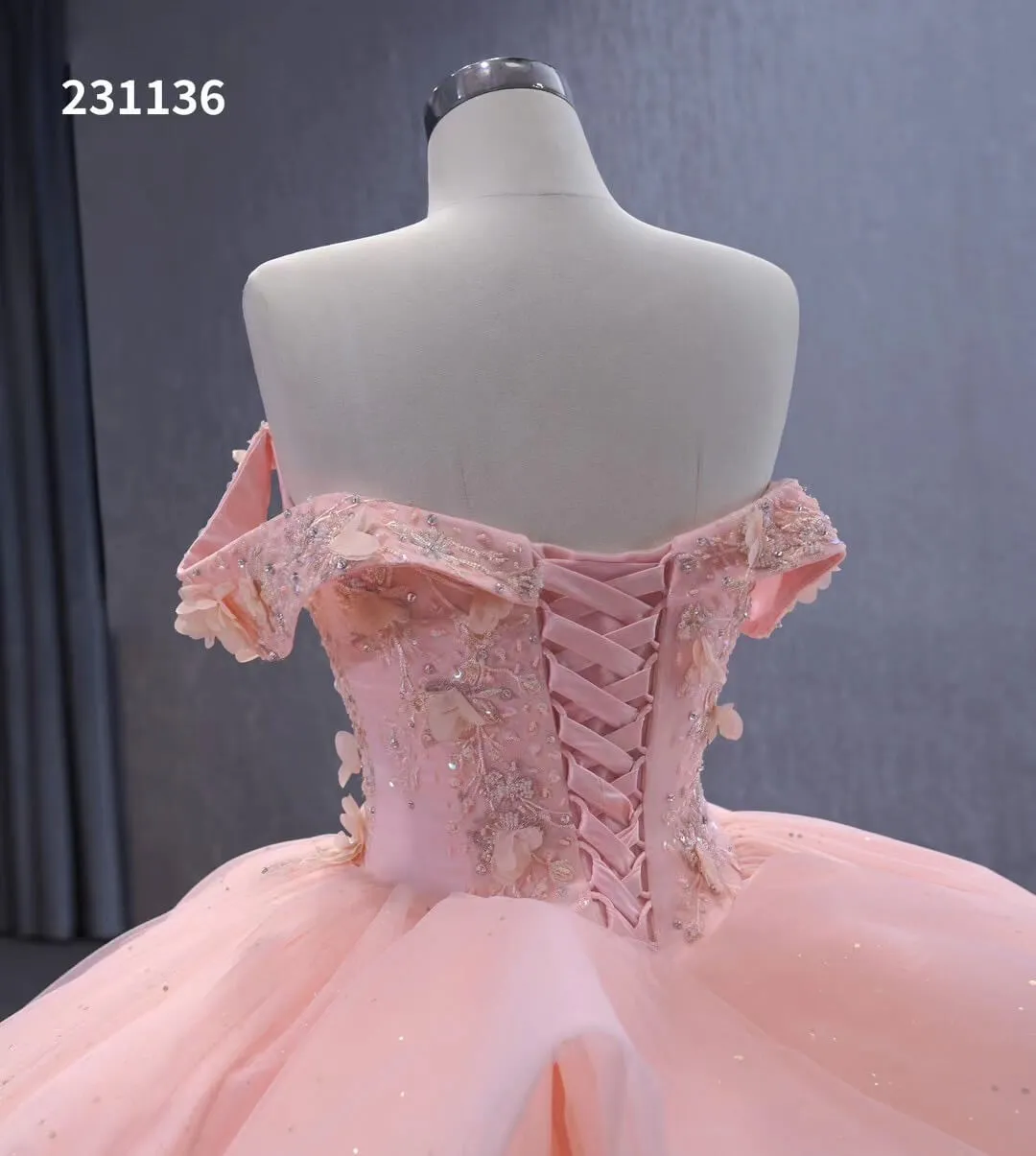 Beaded Pink Floral Ball Gown Wedding Dress,Quinceanera Sweet 16 Dresses 231136