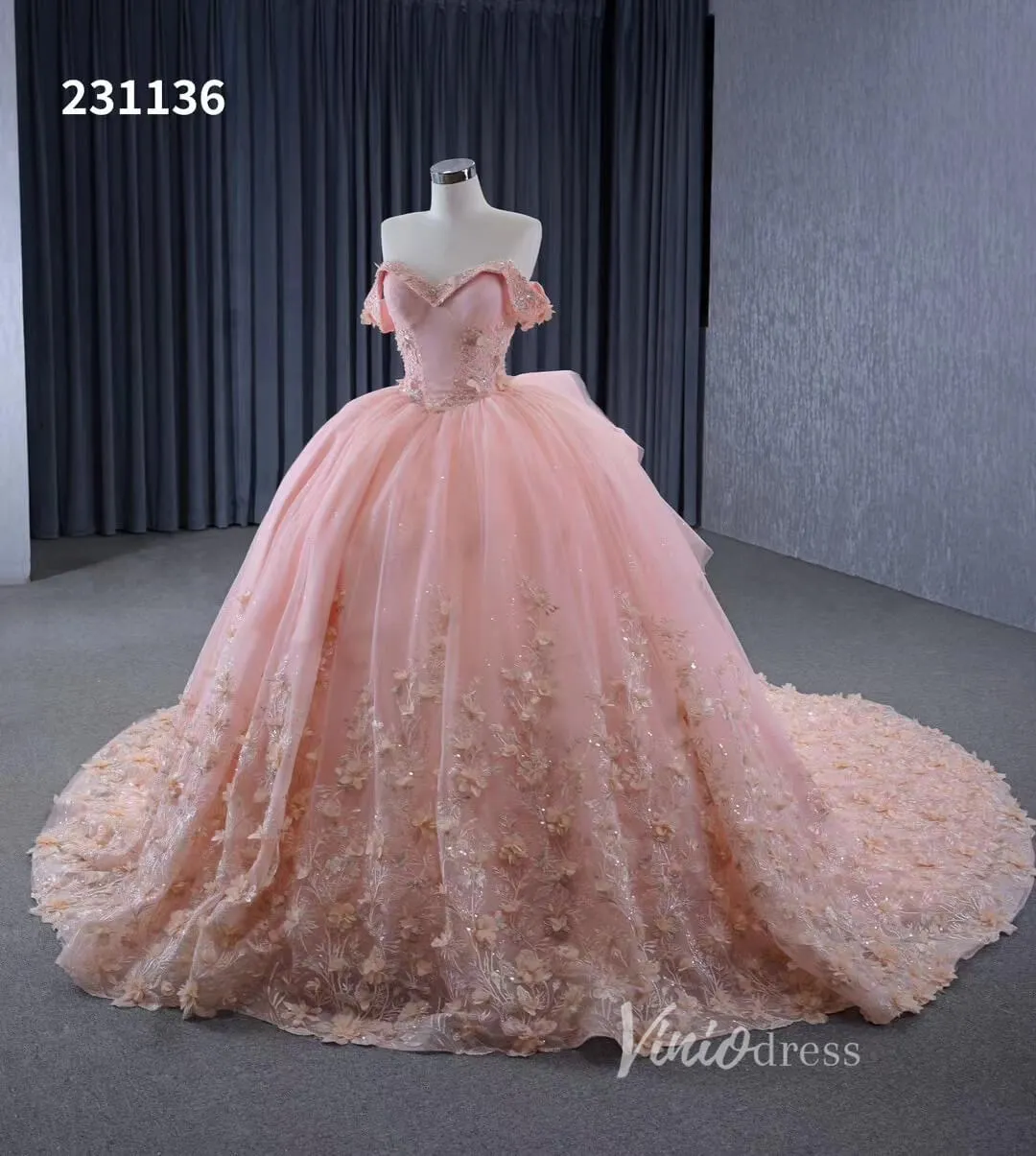 Beaded Pink Floral Ball Gown Wedding Dress,Quinceanera Sweet 16 Dresses 231136