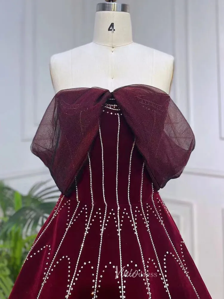 Beaded Strapless Burgundy Velvet Prom Dresses Detachable Sleeve Evening Gown 20043