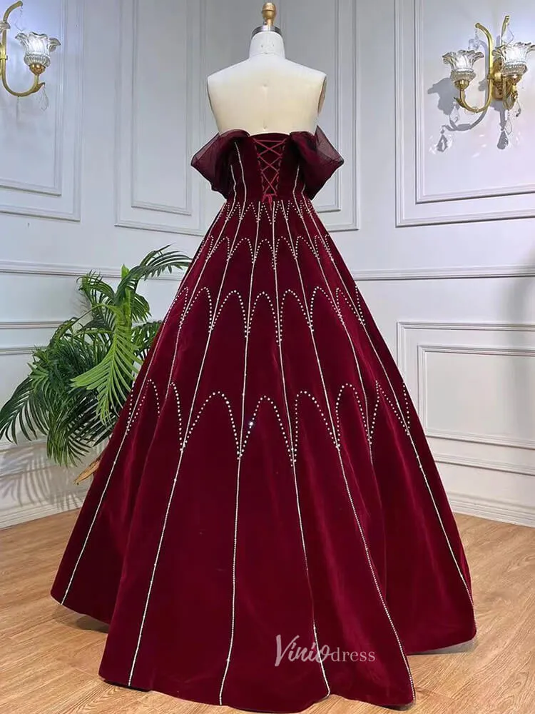 Beaded Strapless Burgundy Velvet Prom Dresses Detachable Sleeve Evening Gown 20043