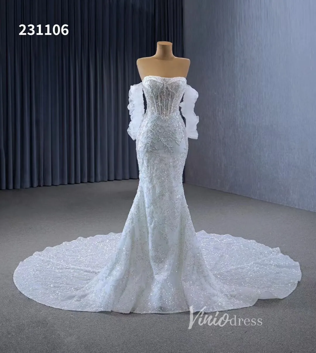 Beaded Strapless Mermaid Wedding Dresses Removable Sleeves 231106