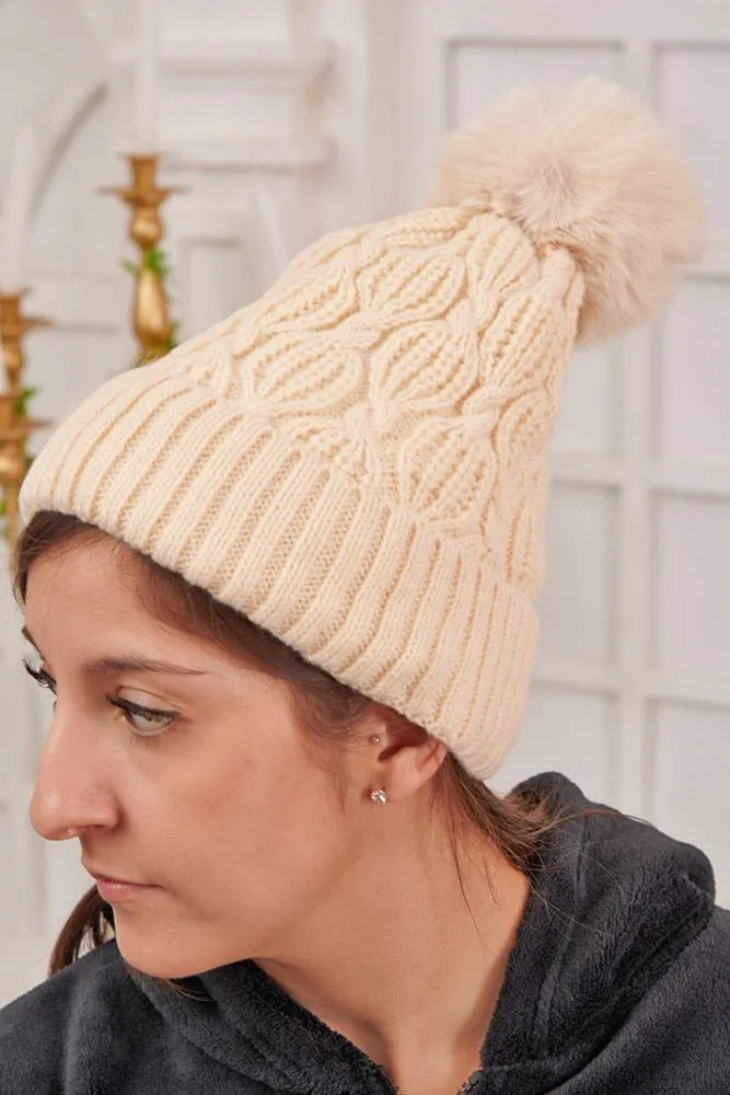 Beanie Cable Knit Pattern Fur PomPom Acrylic Hat