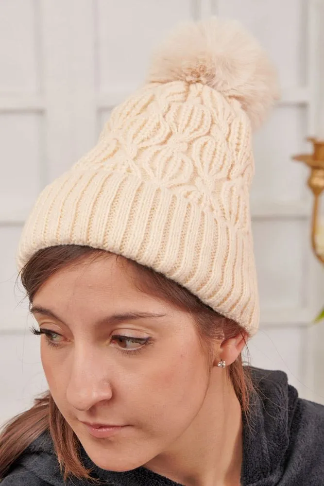 Beanie Cable Knit Pattern Fur PomPom Acrylic Hat