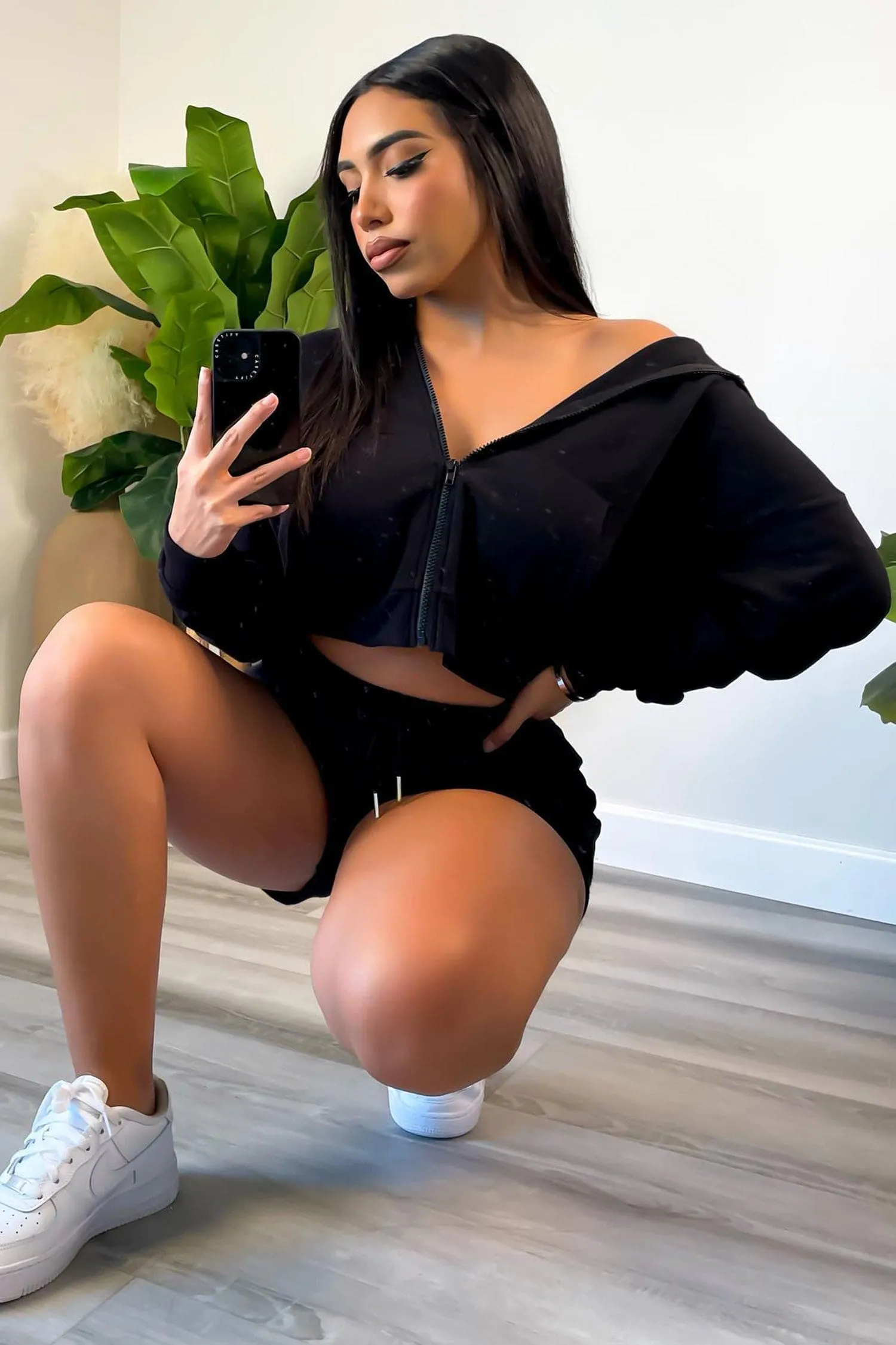 Black Cropped Zipper Up Hoodie And Lounge Shorts Set